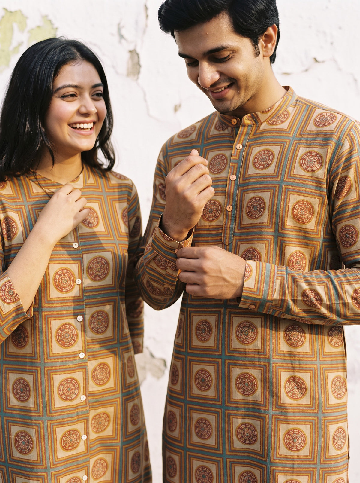 Jodi Collection by Gatim mustard medallion print couple kurta set, cuff close up