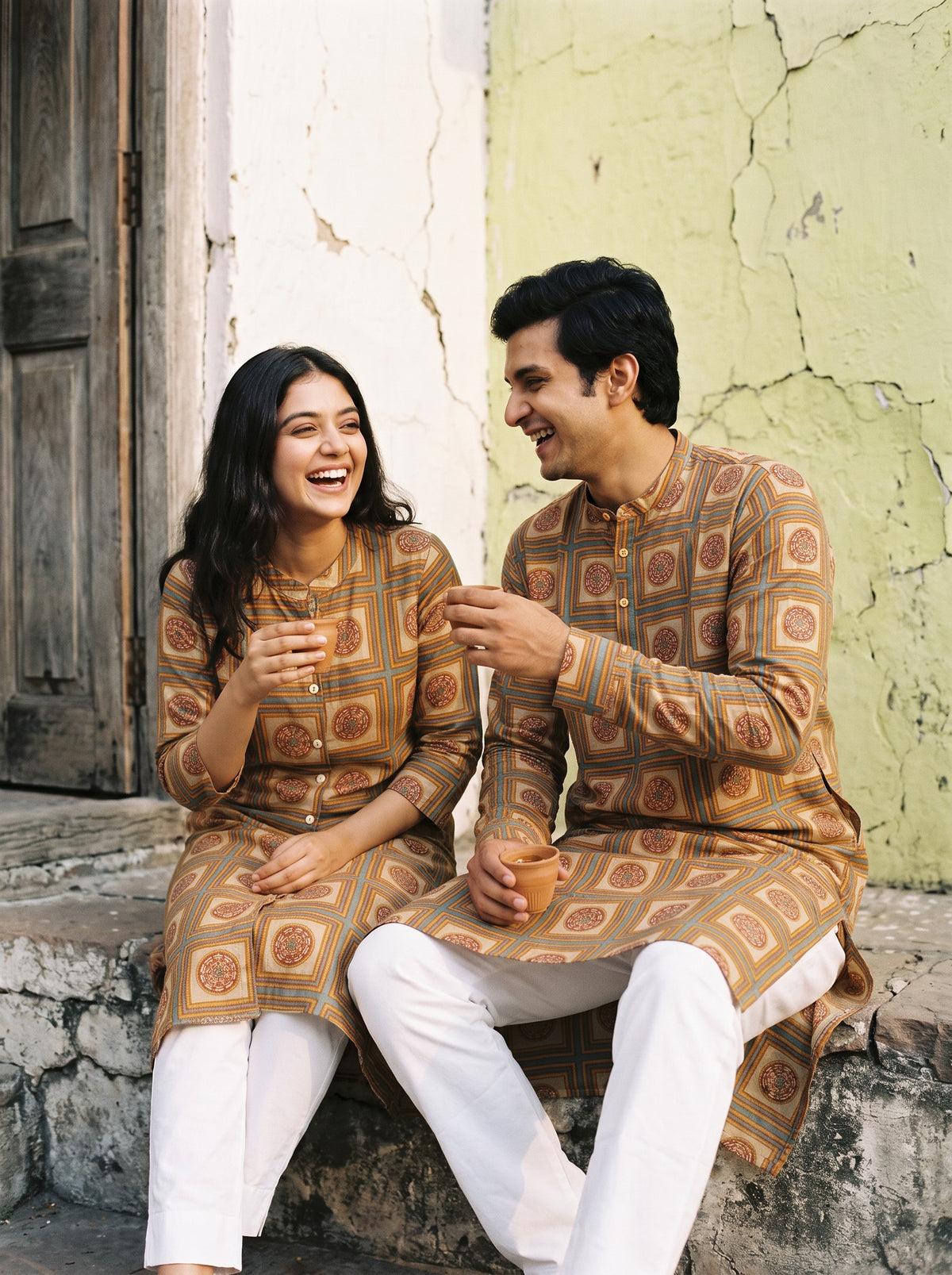 Jodi Collection by Gatim mustard medallion print couple kurta set, candid