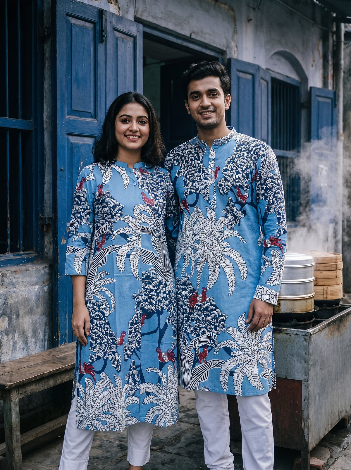 Jodi Collection by Gatim sky blue tropical print couple kurta set, front view