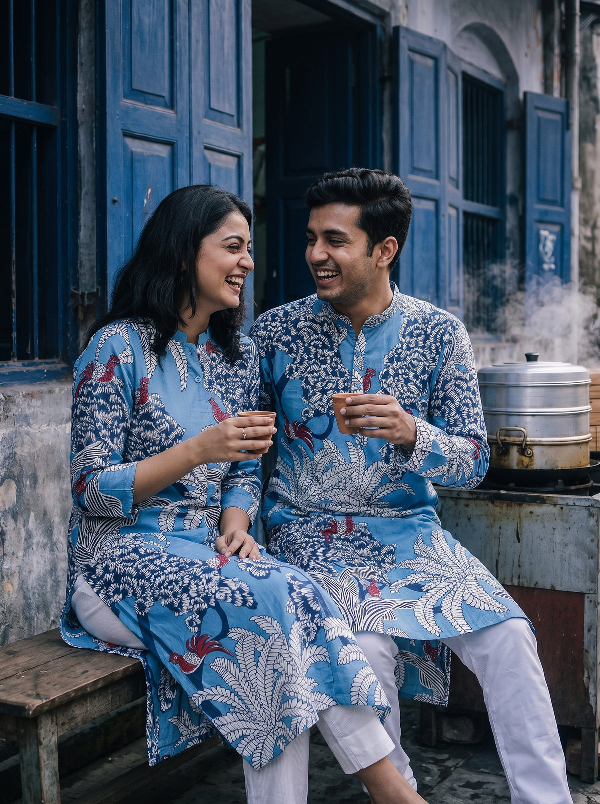 Jodi Collection by Gatim sky blue tropical print couple kurta set, candid