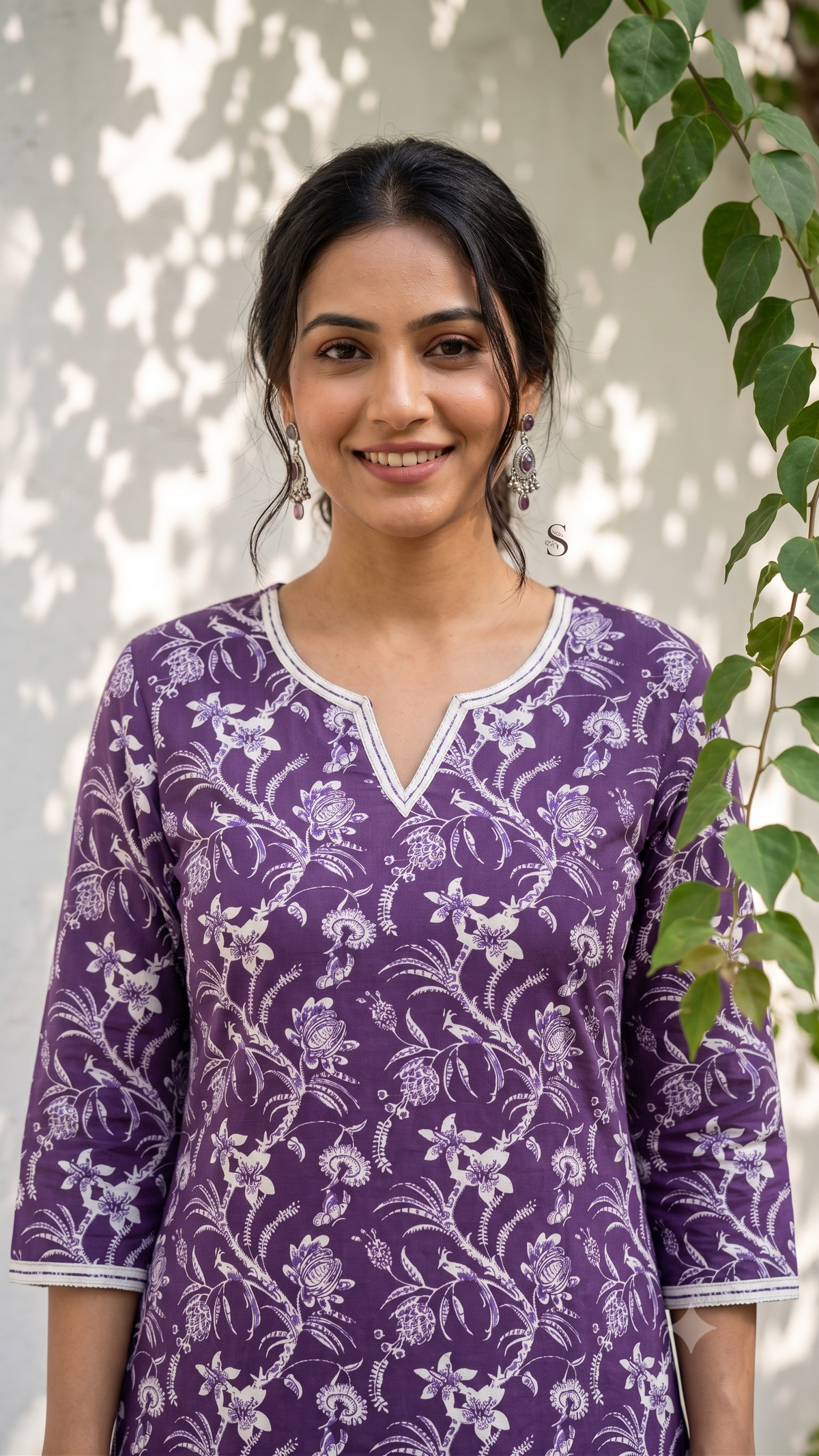Floral Hand Block Print Cotton Kurti with Lace Neck - Purple