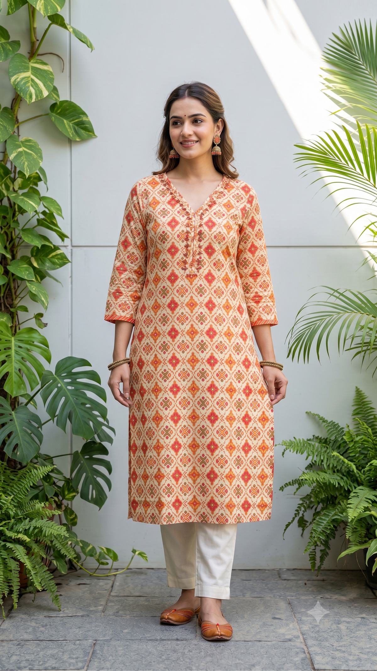 Diamond-Inspired Geometric Printed Straight-fit Kurti For Women - Peach