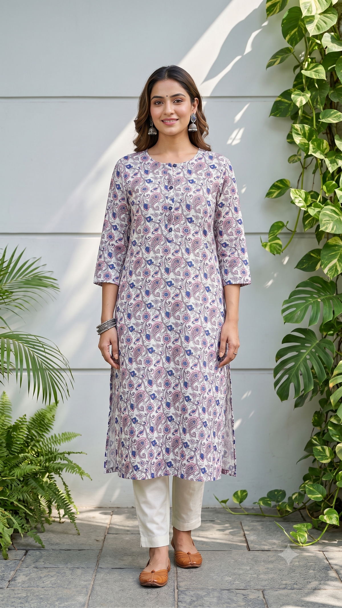 Lehriya Kalka Floral Printed White Base Round Neck Cotton Kurti for Women - Pink & Blue
