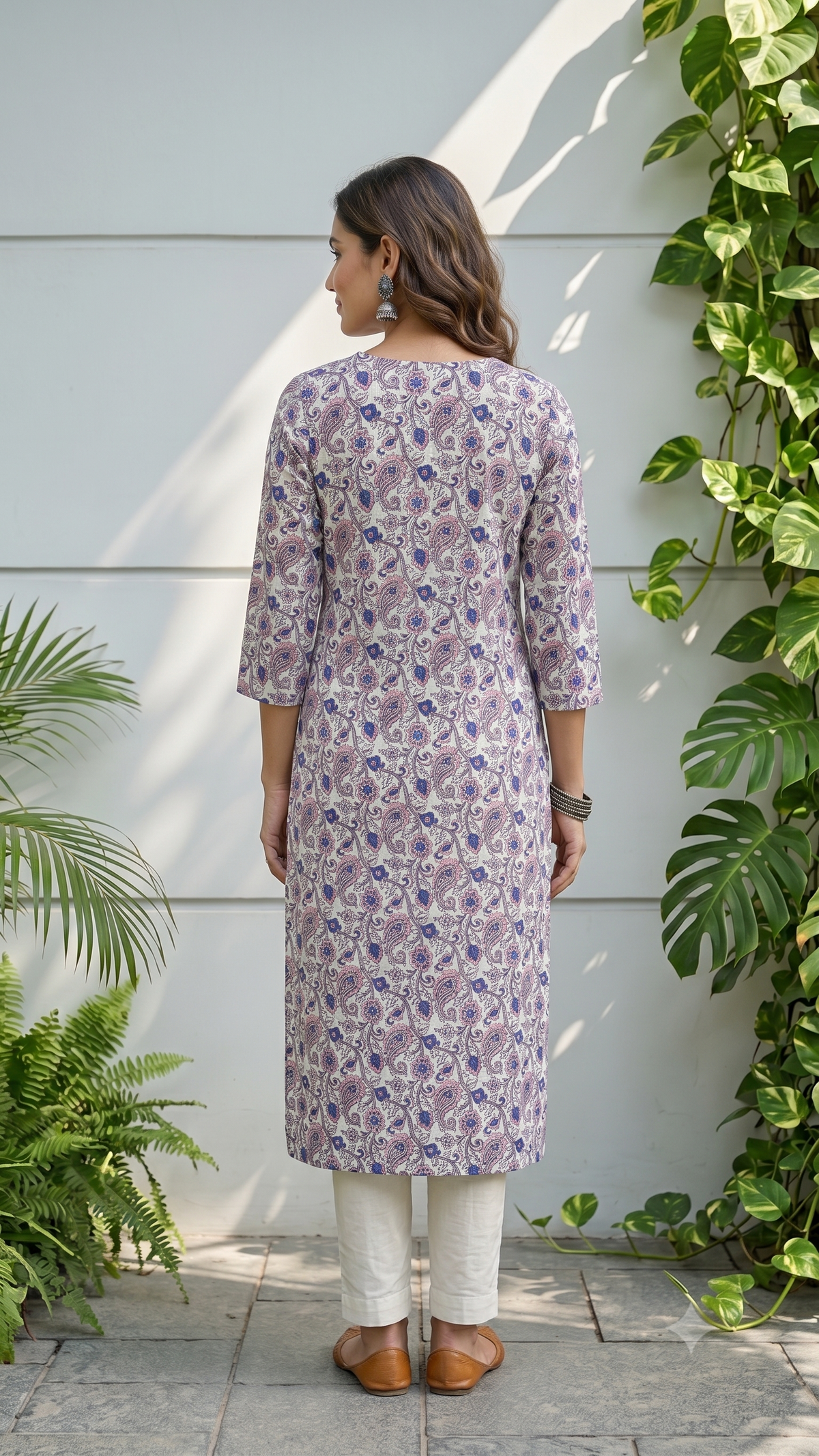 Lehriya Kalka Floral Printed White Base Round Neck Cotton Kurti for Women - Pink & Blue