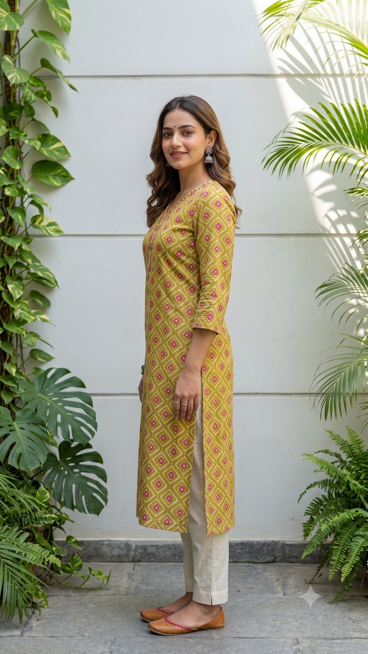 Emroidered Neck Block Printed Straight-fit Kurti For Women - Yellow