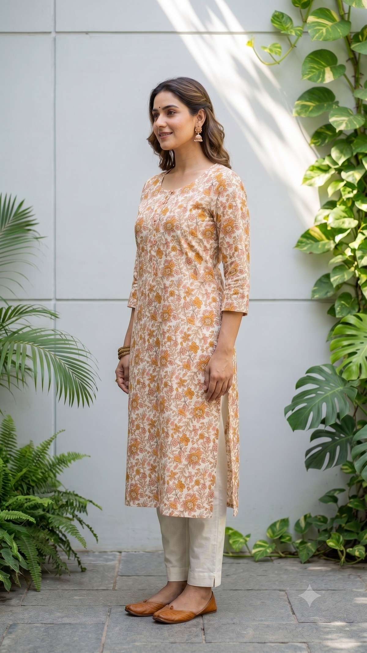 Flower Printed White Base Round Neck Daily SImple Cotton Kurti for Women - Yellow