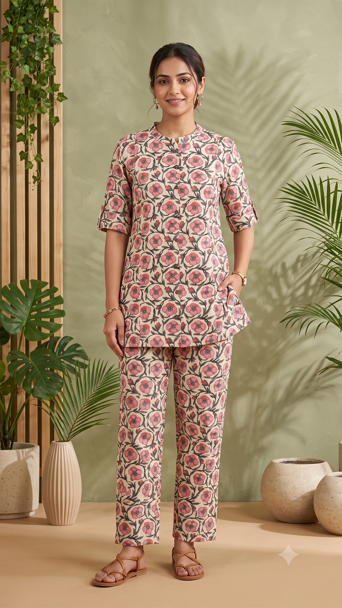 Pink Floral Printed Kantha Stitched Cotton Co-ord Set for Women - Pink and White