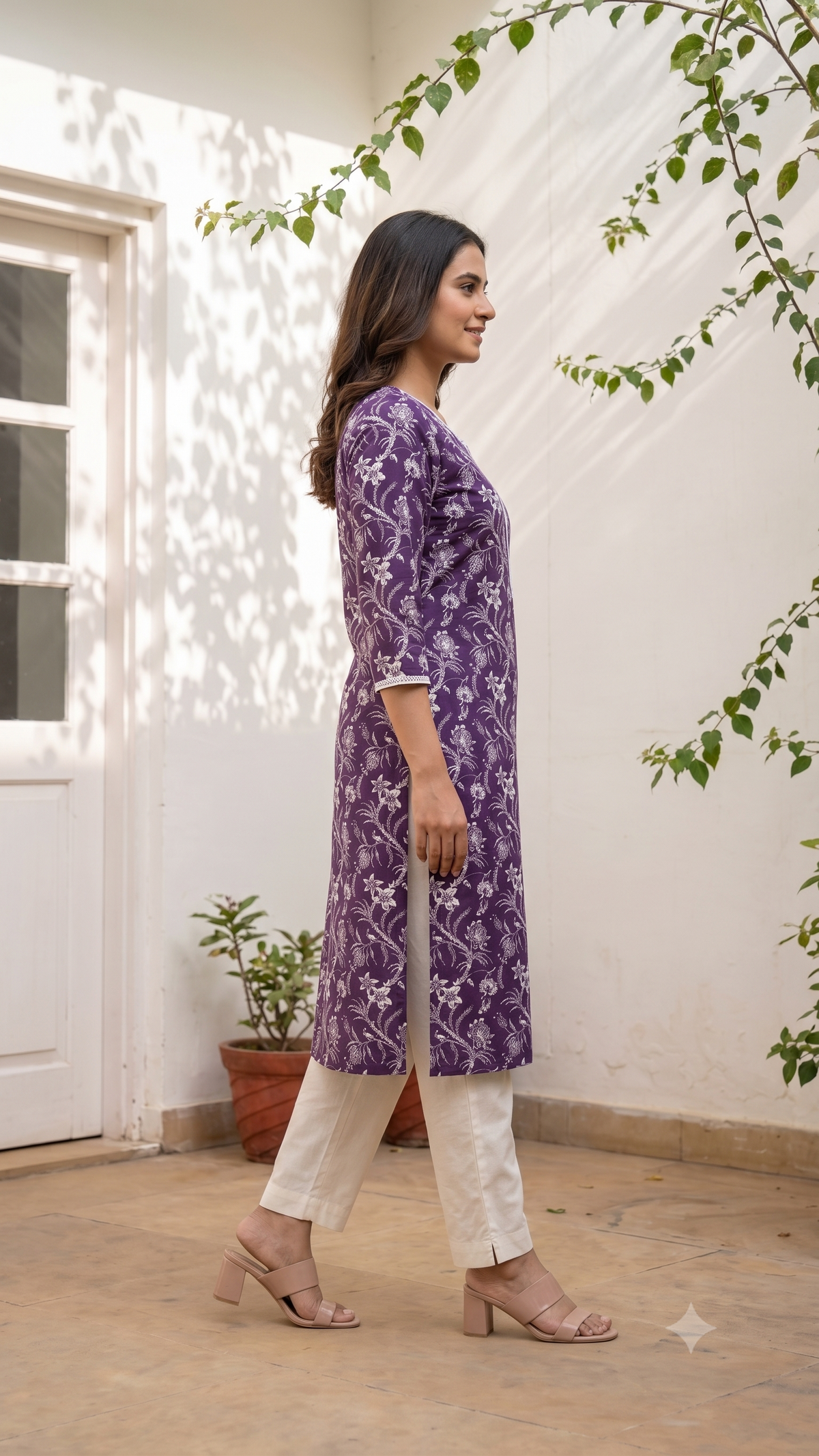 Floral Hand Block Printed Long Lace Neck Cotton Kurti - Purple