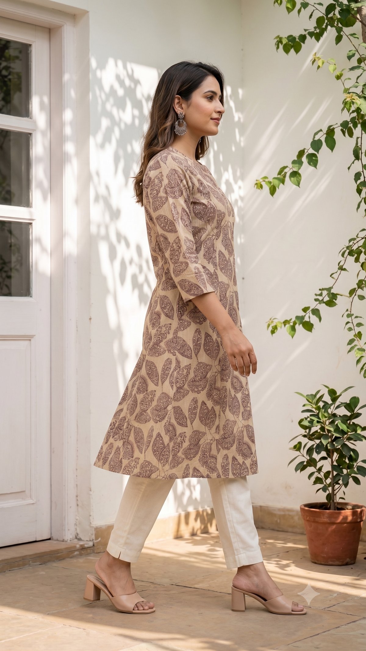 Floral Themed Kantha Stitch Traditional Flower Printed Kurti for Women - Light Brown