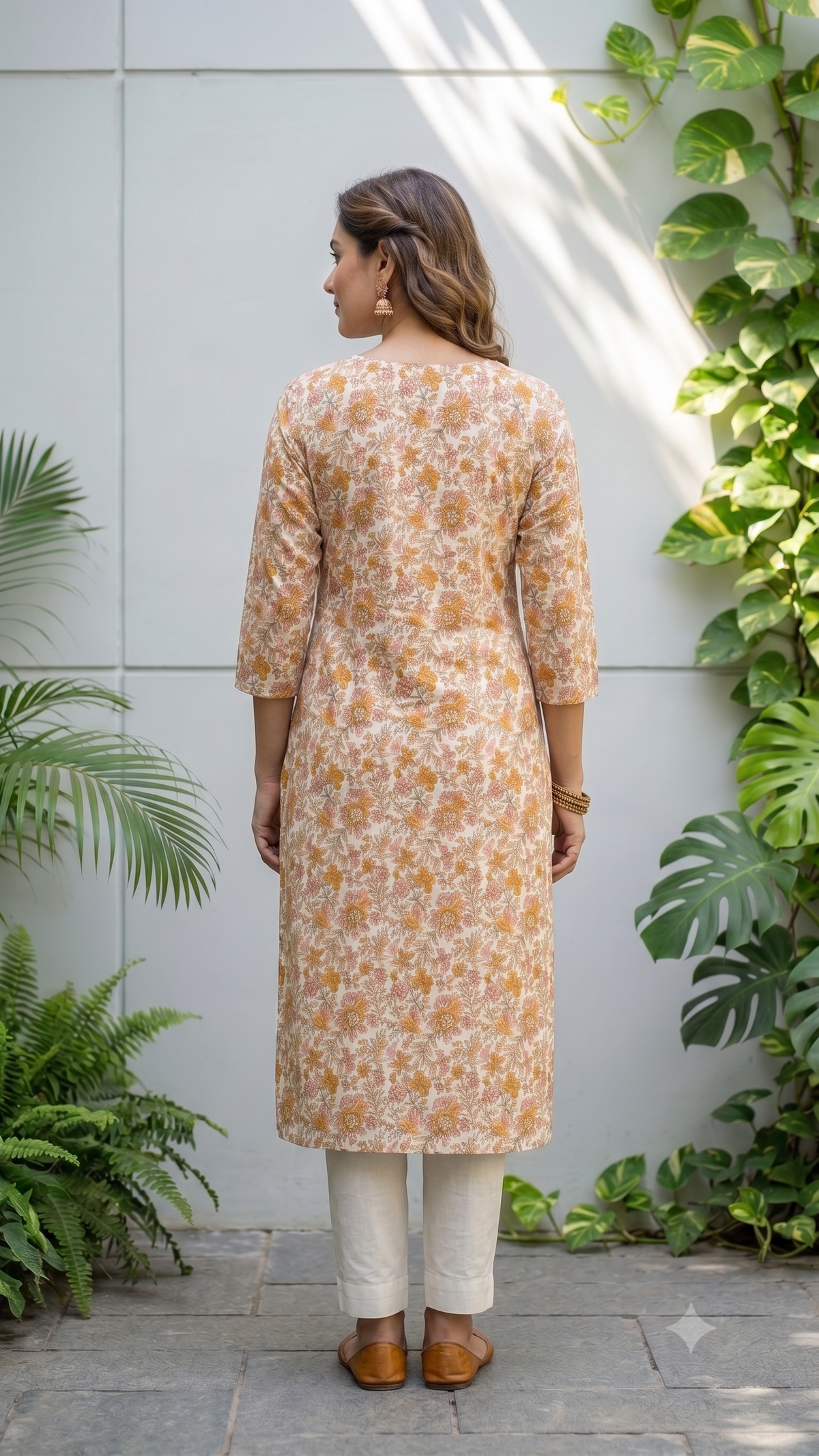 Flower Printed White Base Round Neck Daily SImple Cotton Kurti for Women - Yellow
