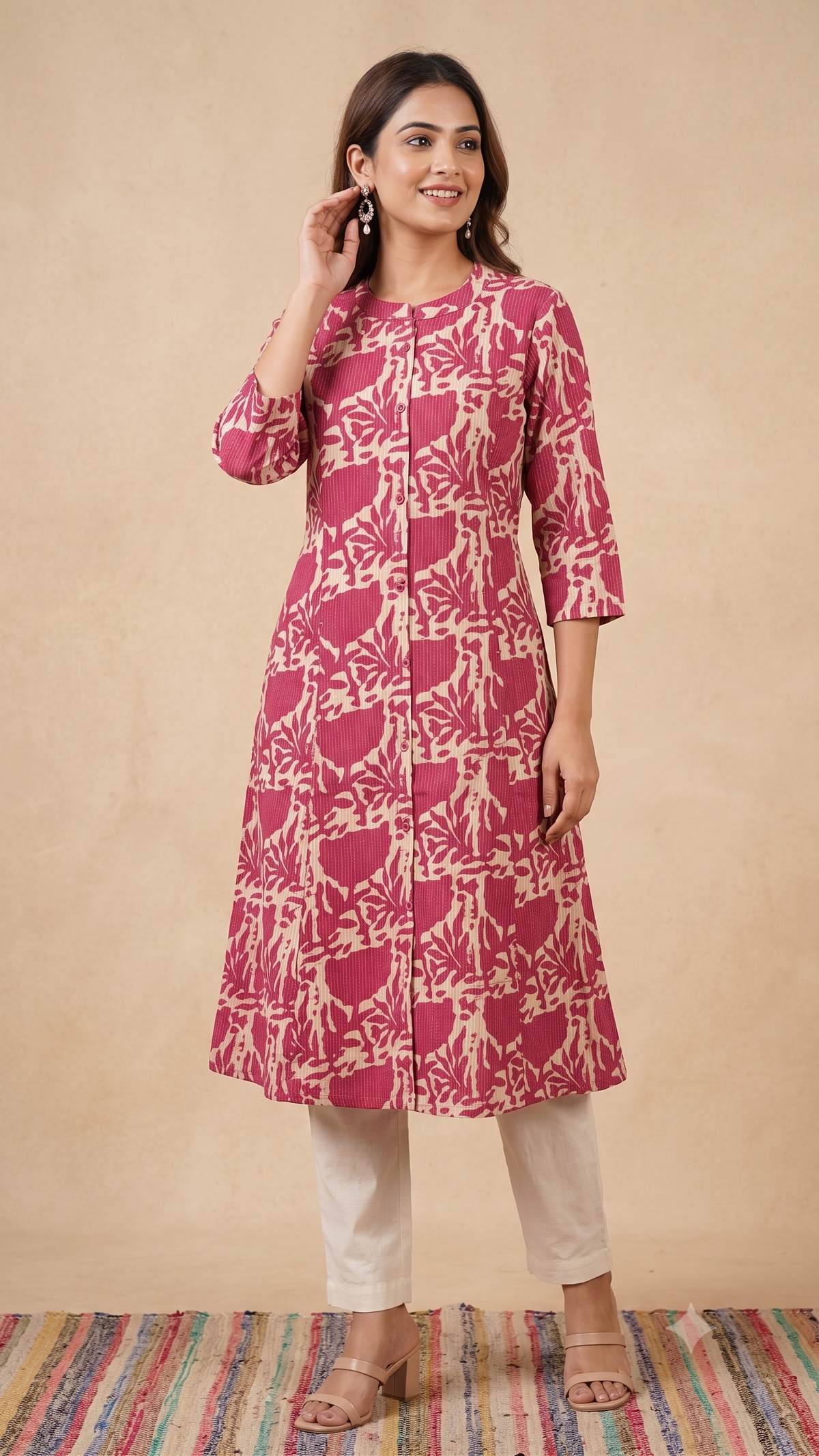 Floral Pink Printed Kantha Work A-line kurta