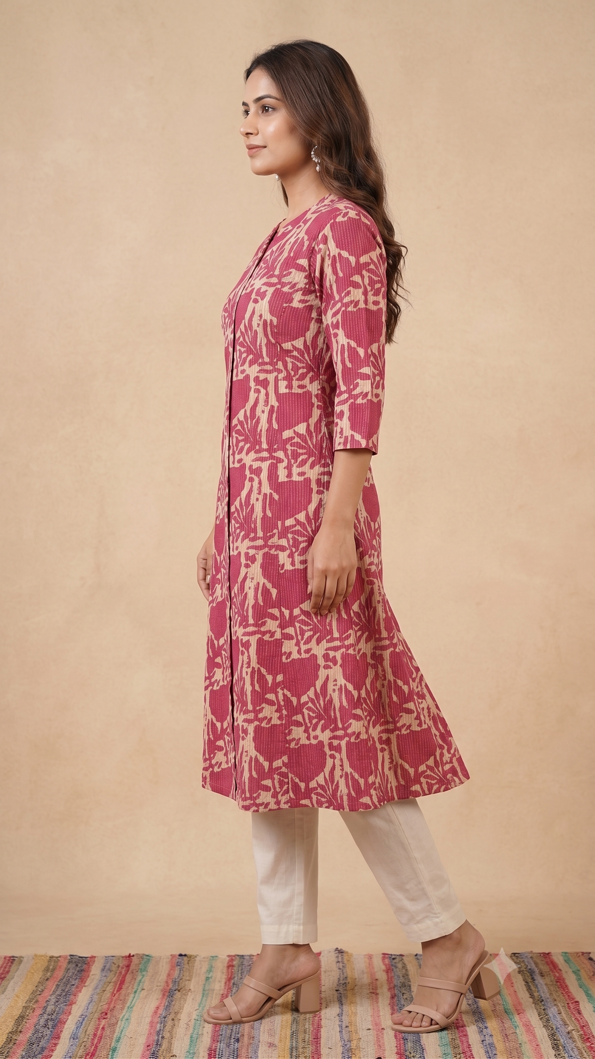 Floral Pink Printed Kantha Work A-line kurta