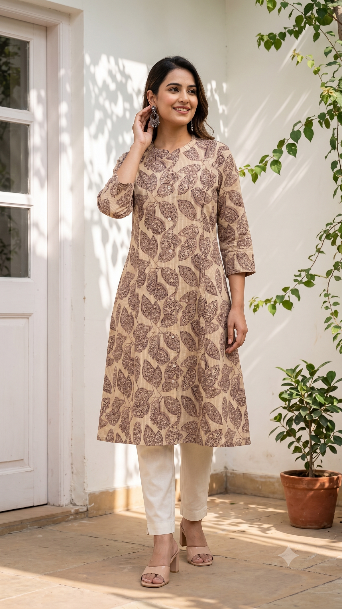 Floral Themed Kantha Stitch Traditional Flower Printed Kurti for Women - Light Brown