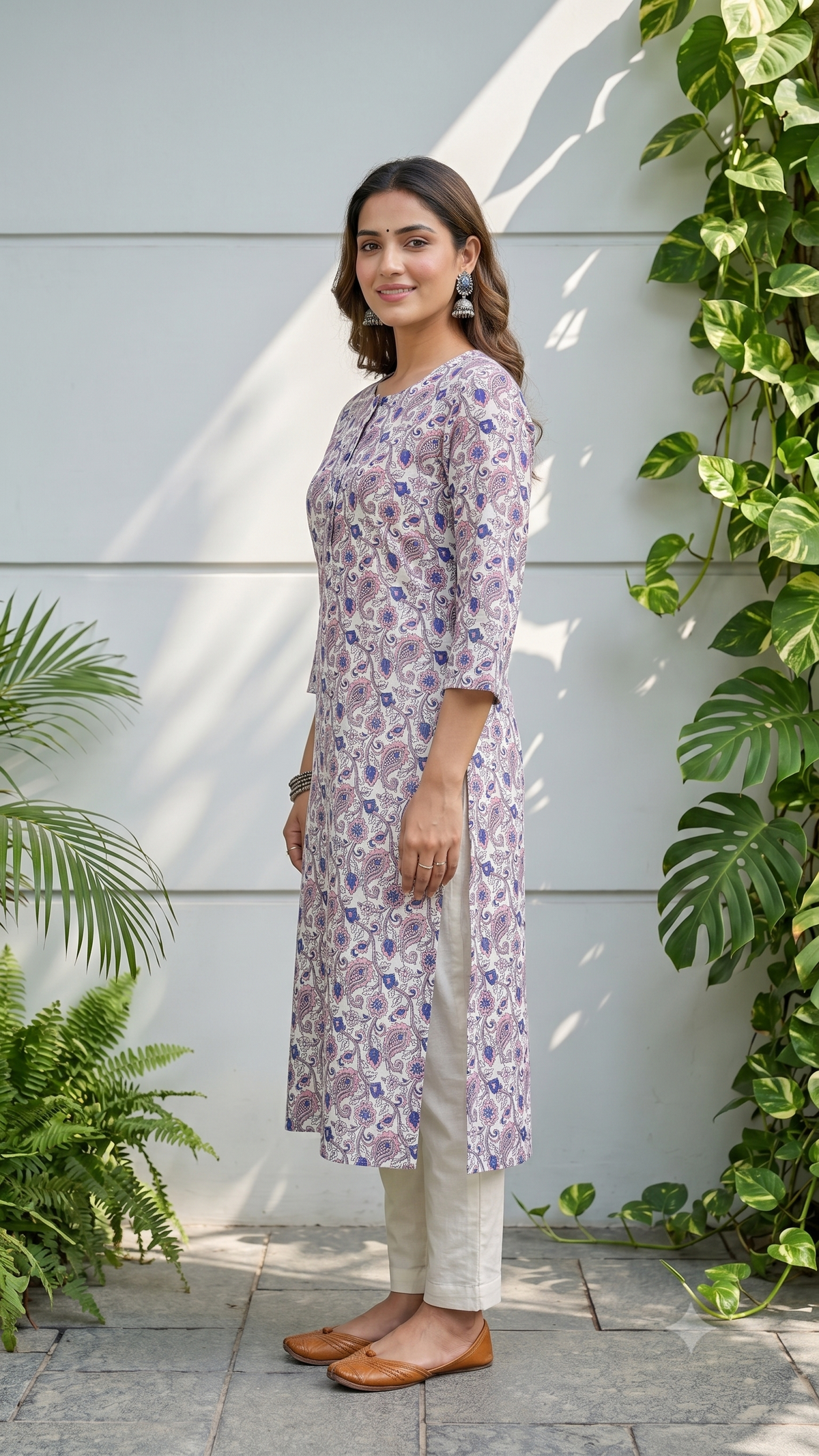 Lehriya Kalka Floral Printed White Base Round Neck Cotton Kurti for Women - Pink & Blue