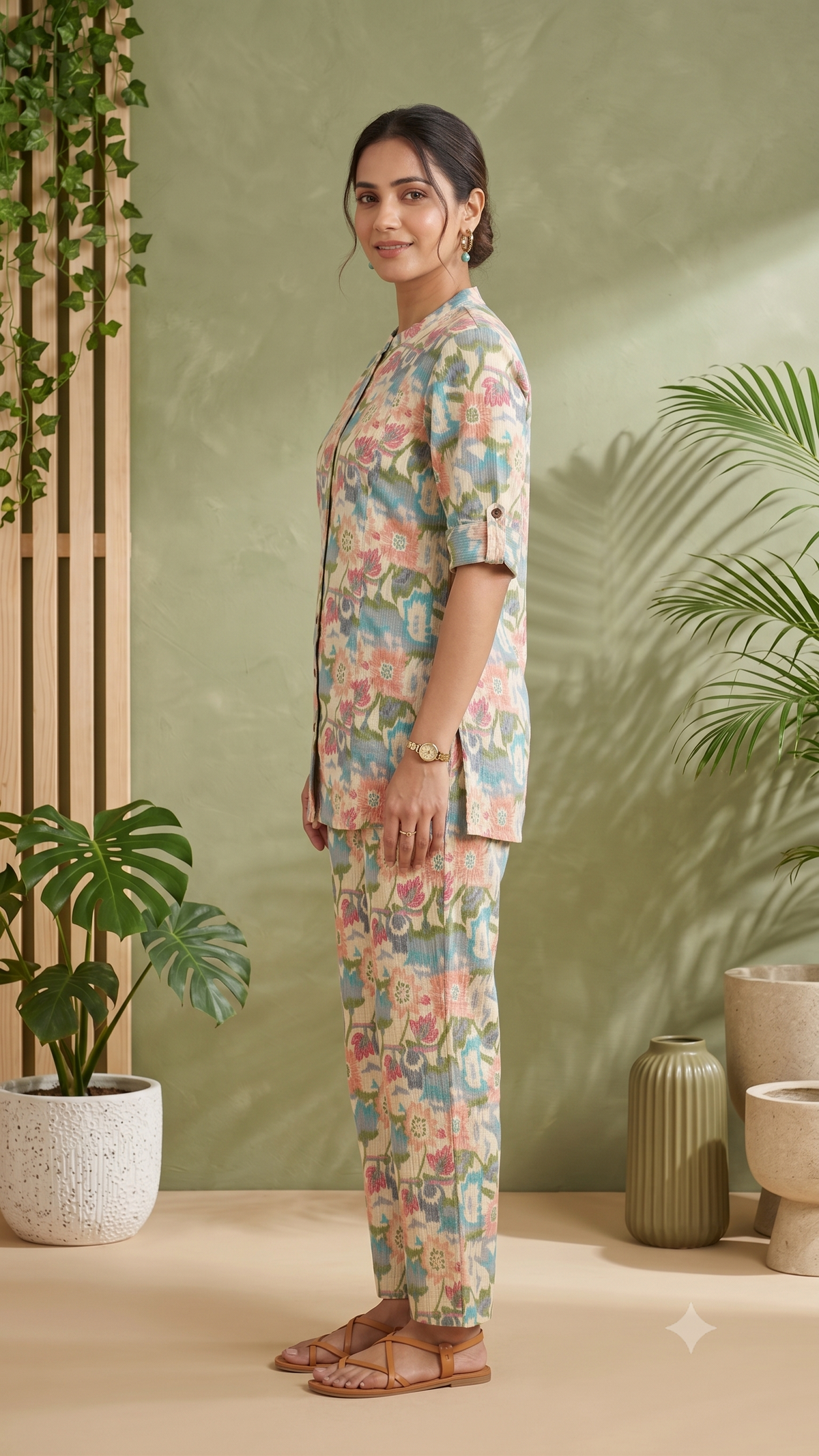 Floral Printed Kantha Stitched Cotton Co-ord Set for Women