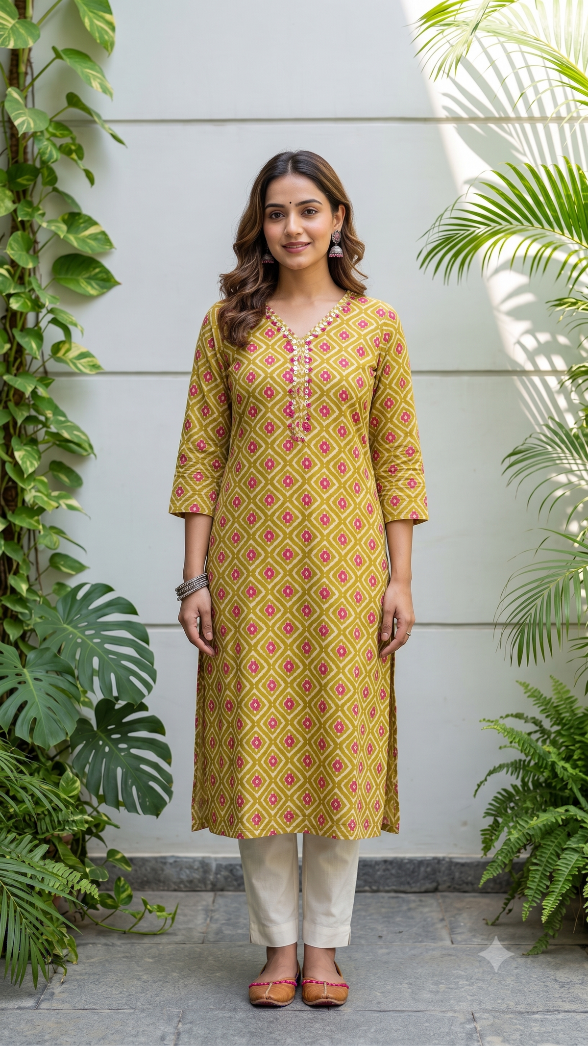 Emroidered Neck Block Printed Straight-fit Kurti For Women - Yellow