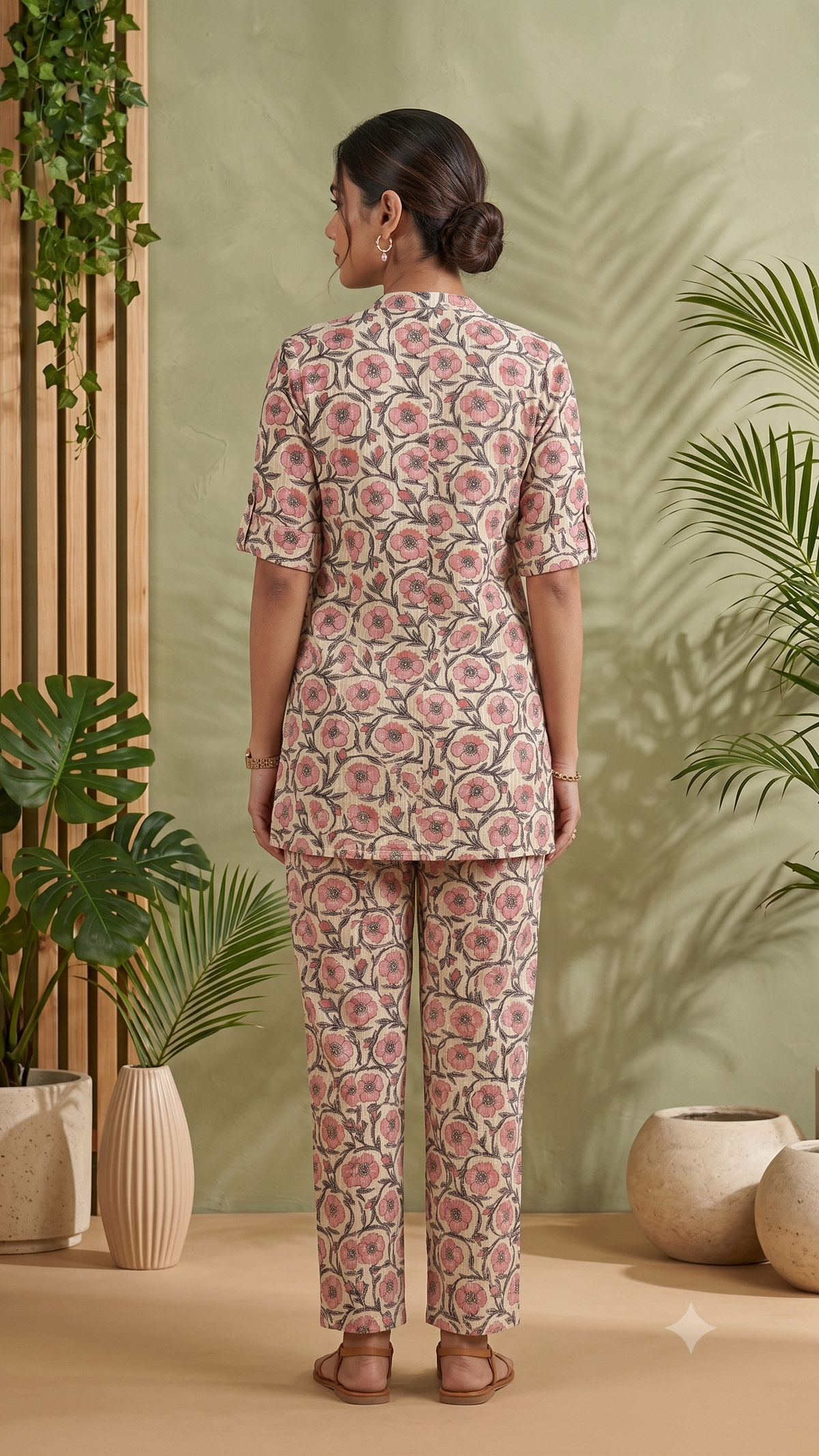 Pink Floral Printed Kantha Stitched Cotton Co-ord Set for Women - Pink and White