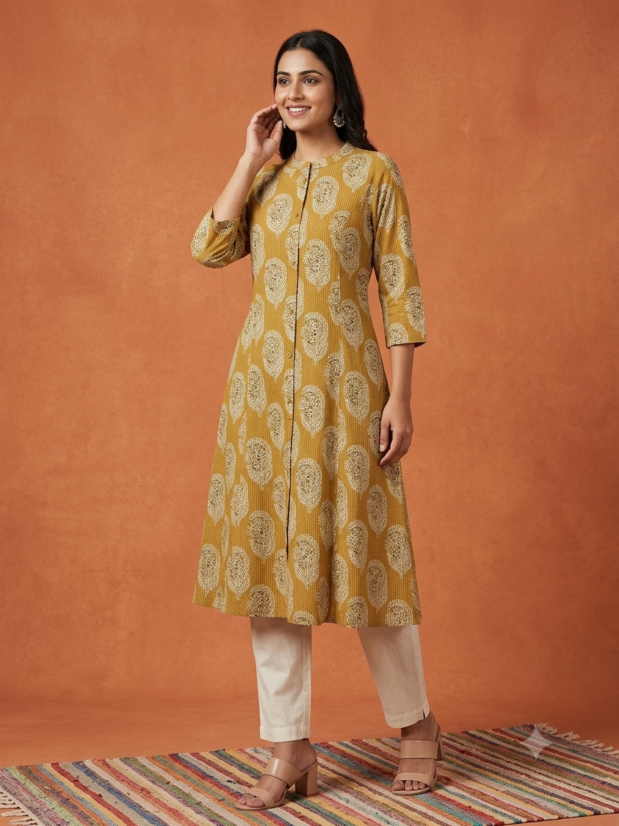 Floral Themed Kantha Stitch Traditional Flower Printed Kurti for Women - Mustard Yellow