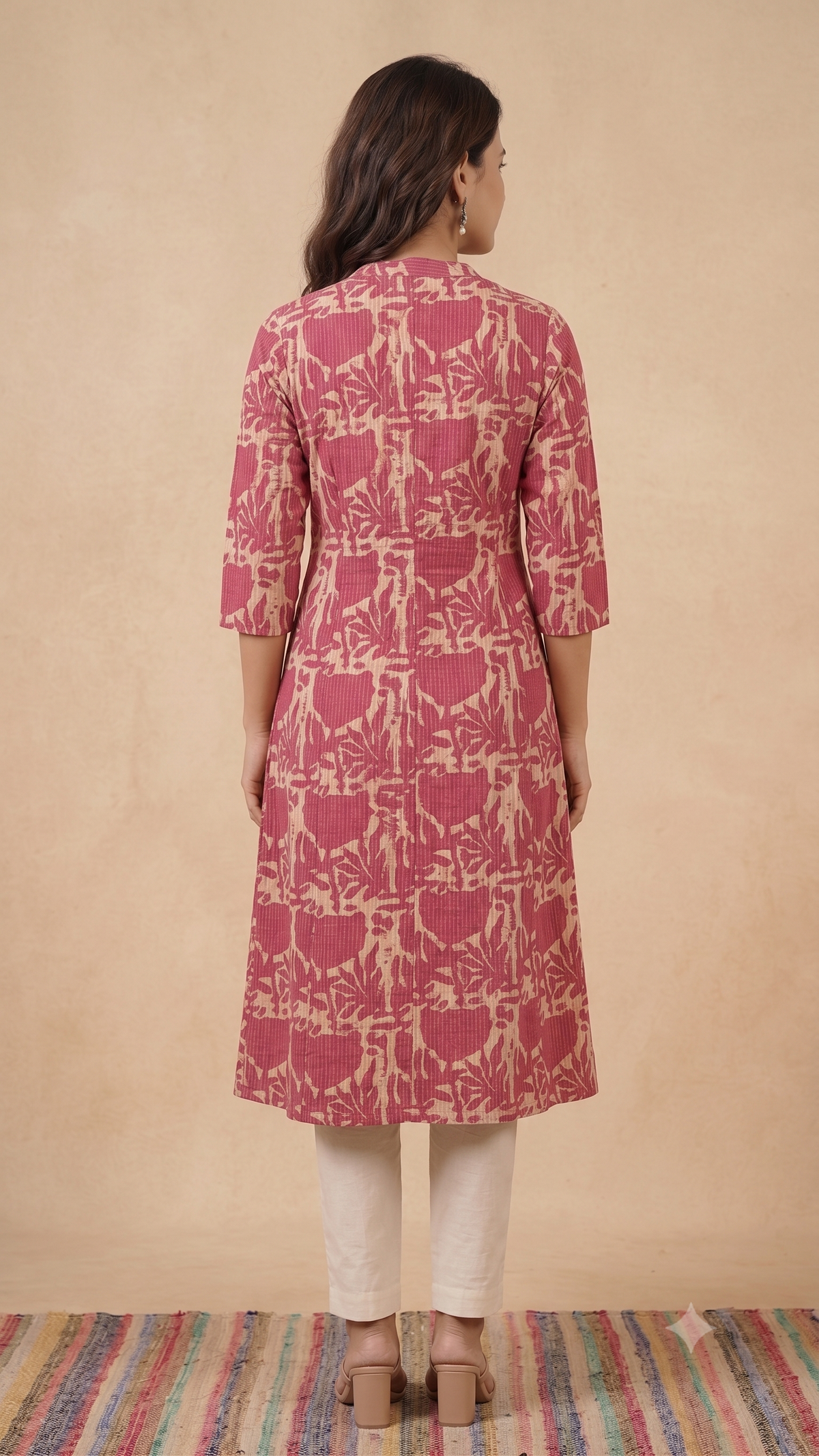 Floral Pink Printed Kantha Work A-line kurta