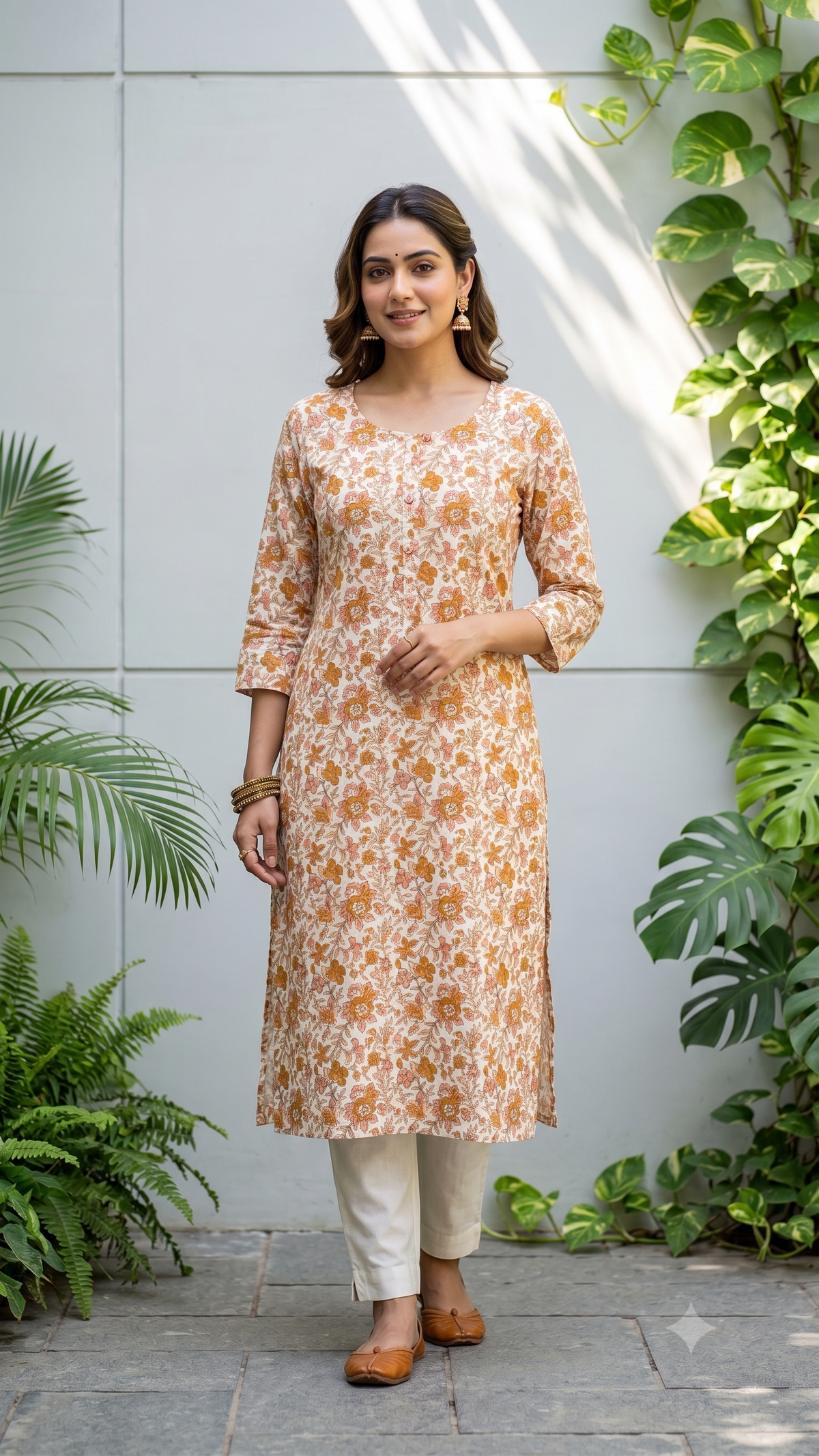 Flower Printed White Base Round Neck Daily SImple Cotton Kurti for Women - Yellow