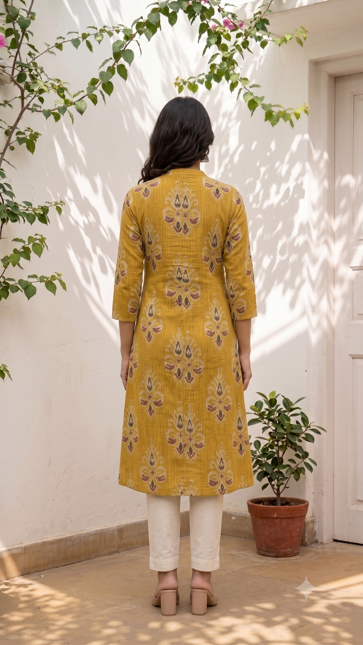 Floral Themed Kantha Stitch Traditional Patch Flower Printed Kurti for Women - Mustard Yellow