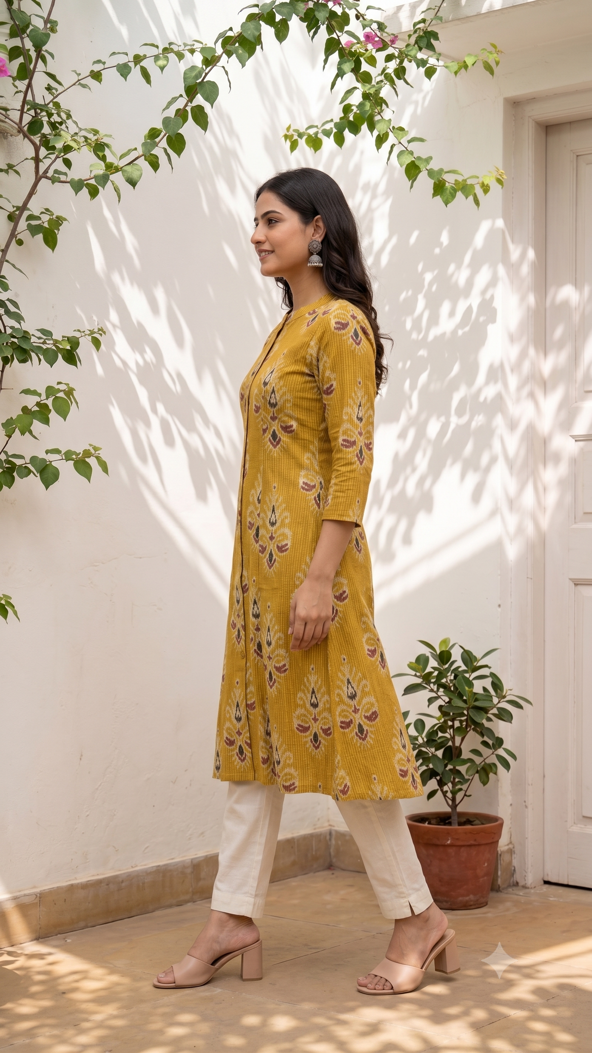 Floral Themed Kantha Stitch Traditional Patch Flower Printed Kurti for Women - Mustard Yellow
