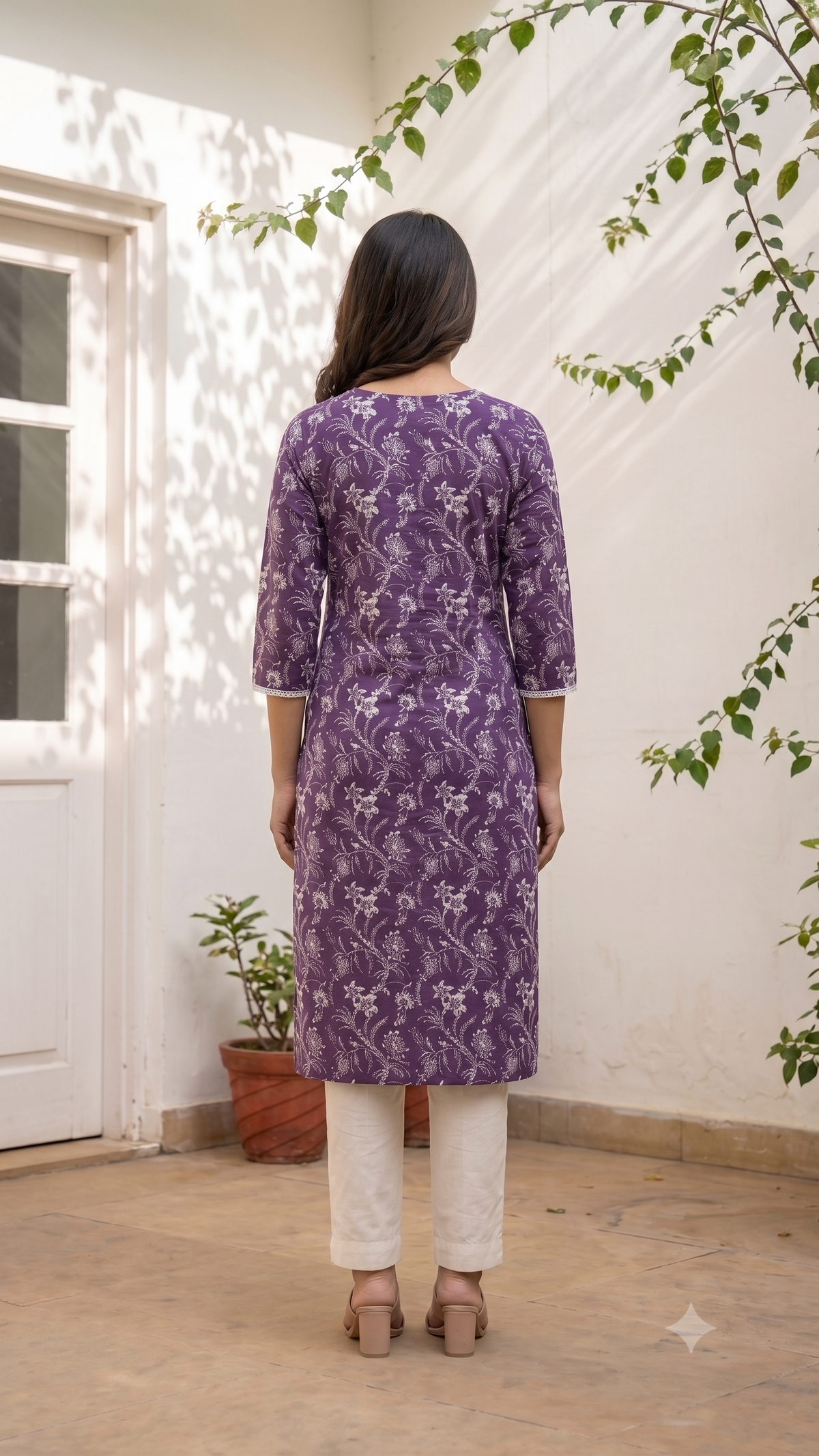 Floral Hand Block Printed Long Lace Neck Cotton Kurti - Purple