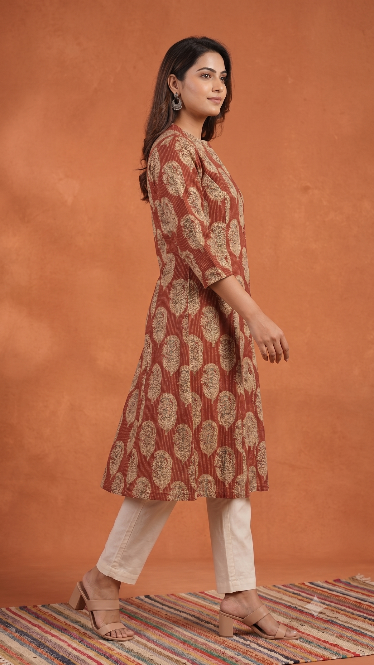 Floral Themed Kantha Stitch Traditional Flower Printed Kurti for Women - Maroon