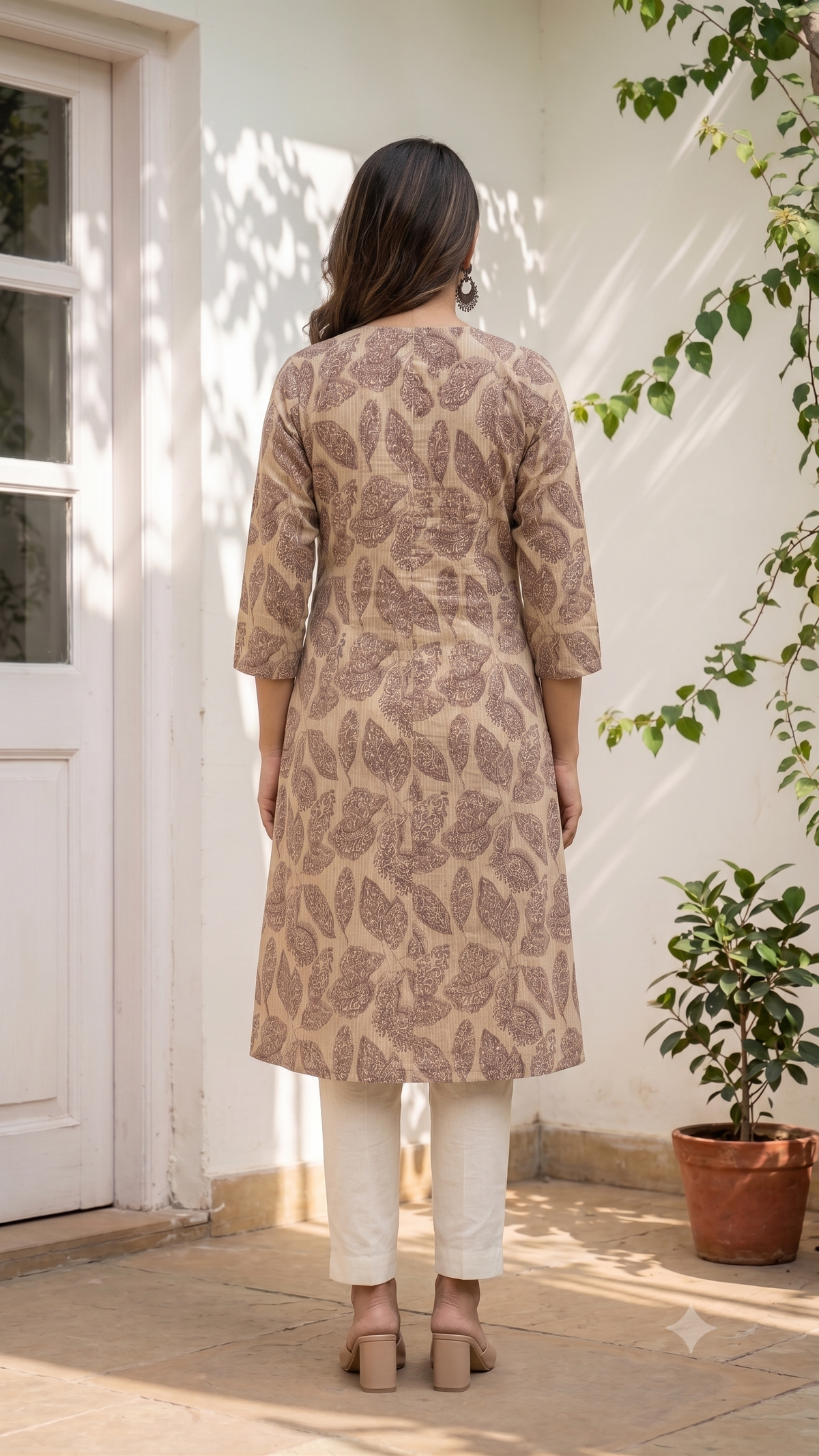 Floral Themed Kantha Stitch Traditional Flower Printed Kurti for Women - Light Brown