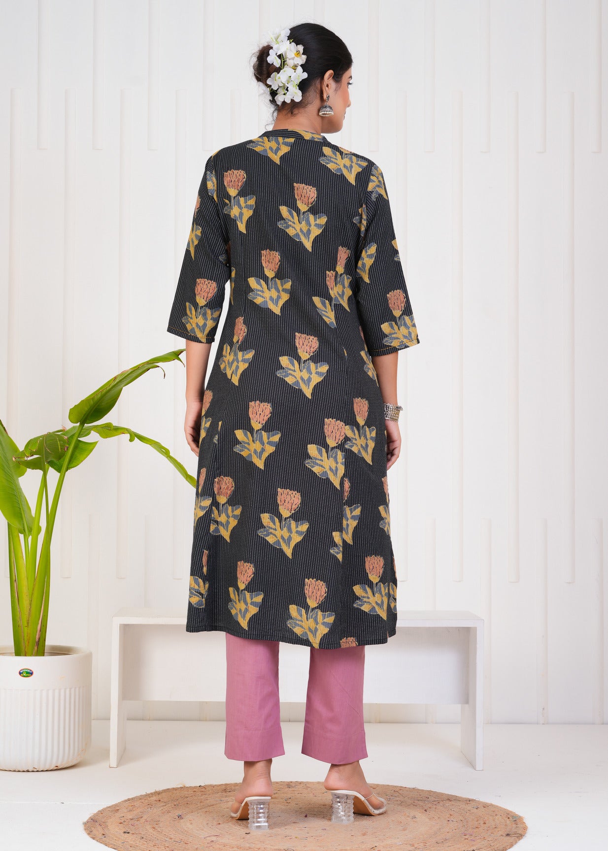 Black With Floral Print Cotton Kurti