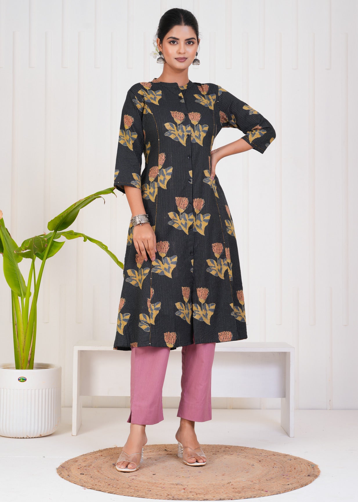 Black With Floral Print Cotton Kurti