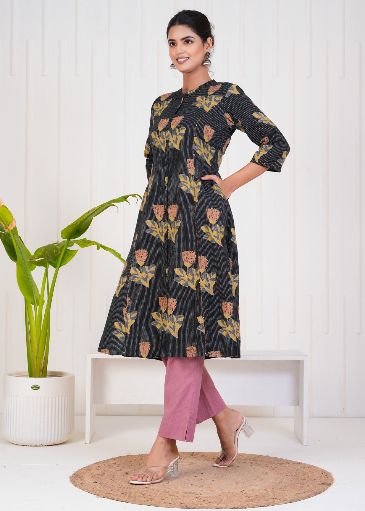 Black With Floral Print Cotton Kurti