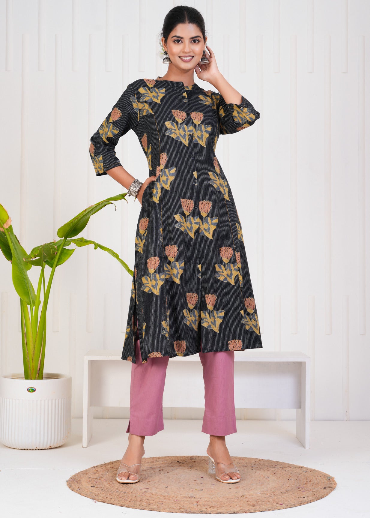 Black With Floral Print Cotton Kurti