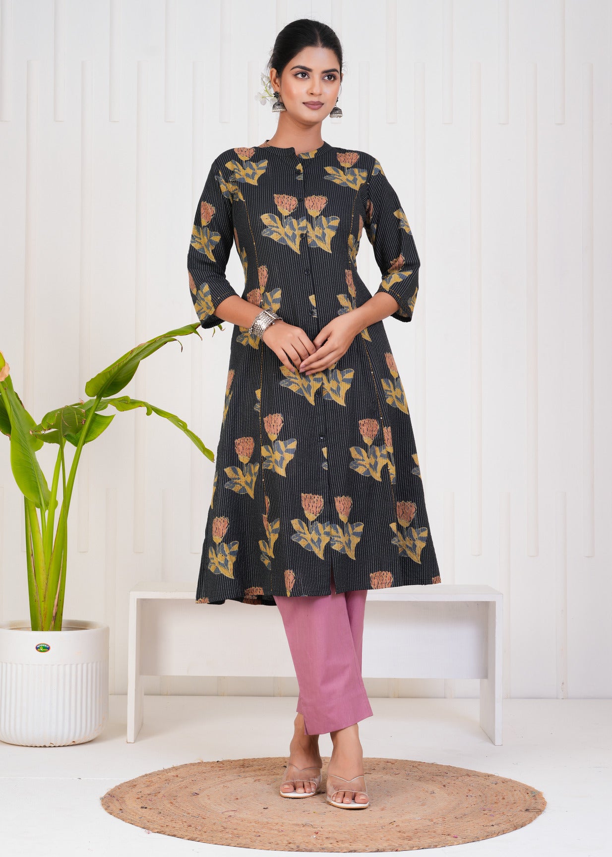 Black With Floral Print Cotton Kurti