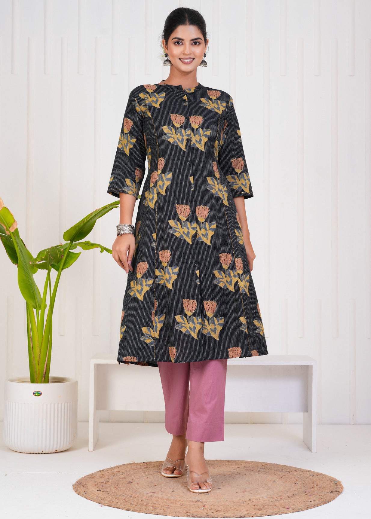 Black With Floral Print Cotton Kurti