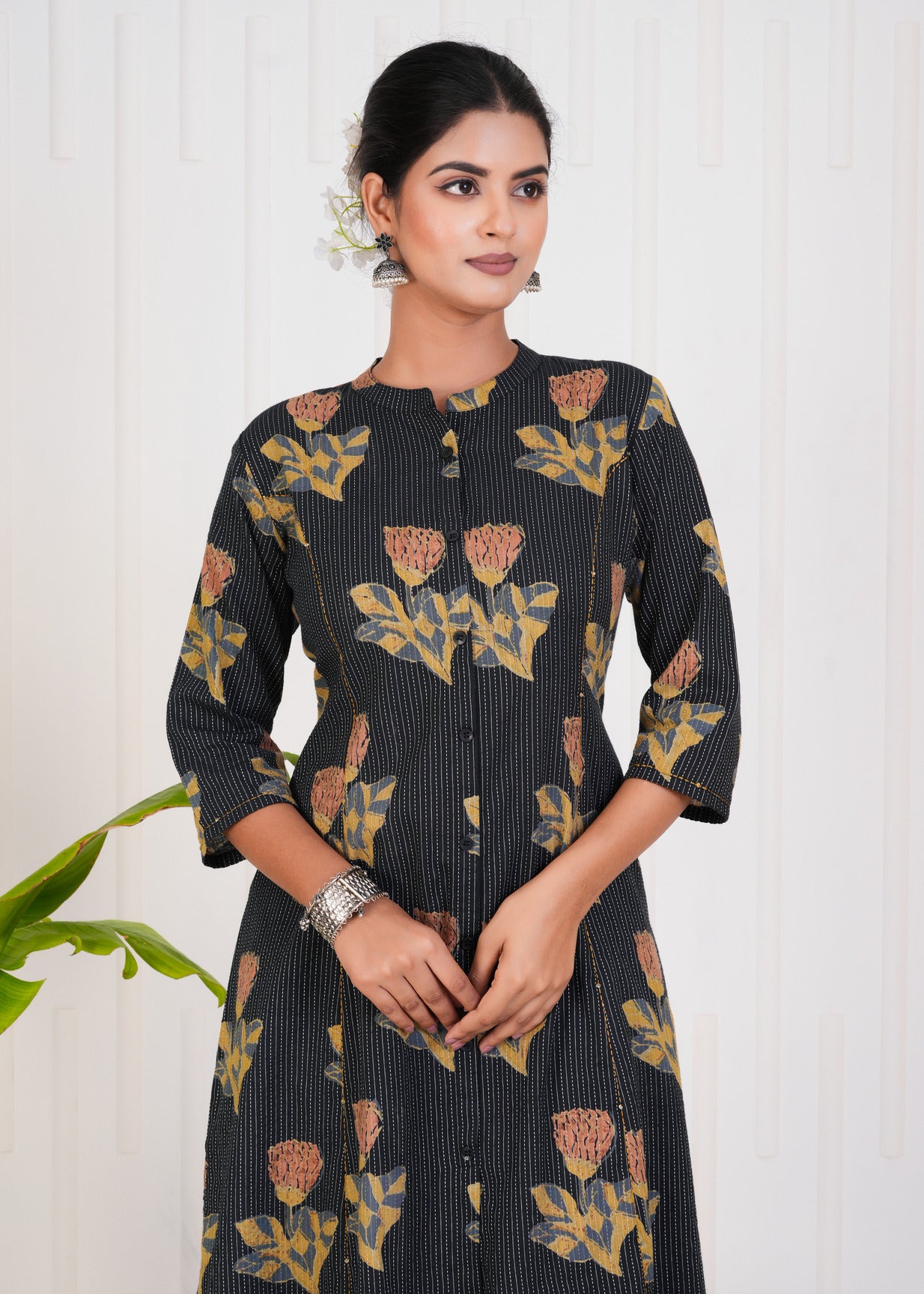 Black With Floral Print Cotton Kurti