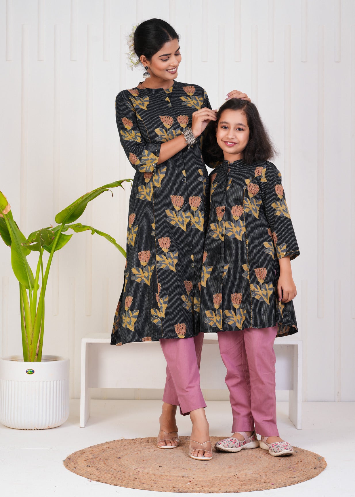 Black With Floral Print Cotton Kurti