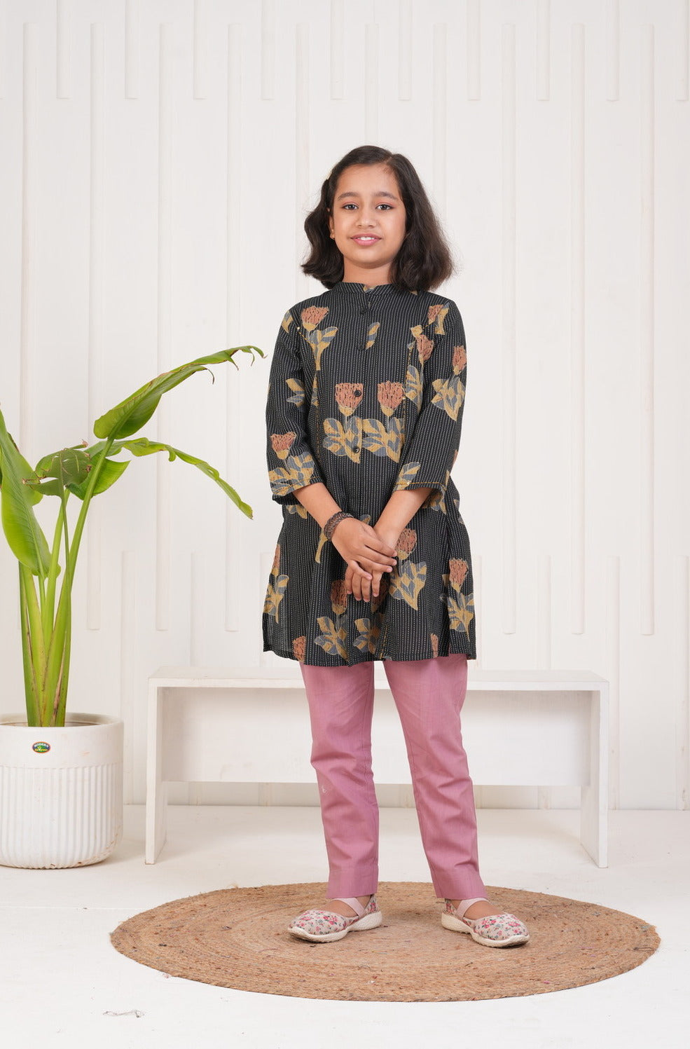 Black With Floral Print Cotton Kurti