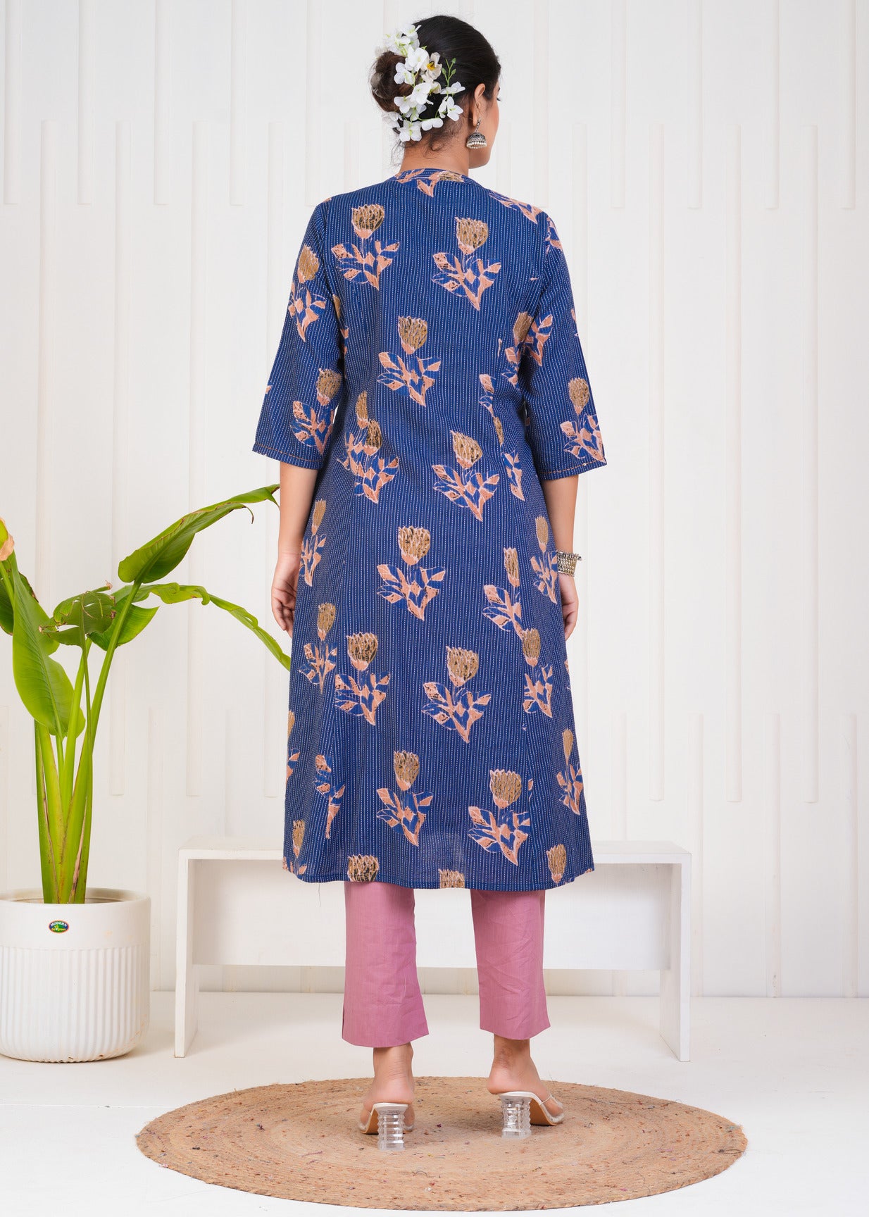 Blue With Floral Print Cotton Kurti