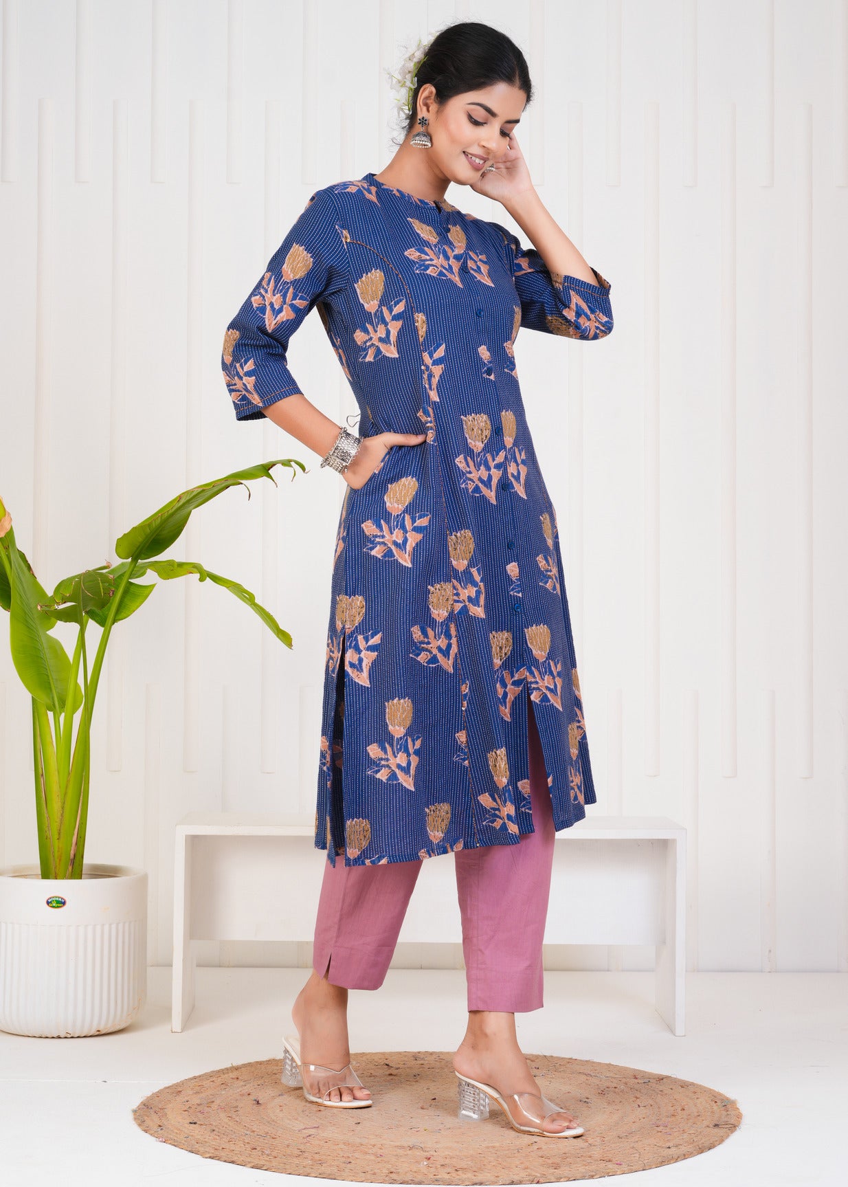 Blue With Floral Print Cotton Kurti