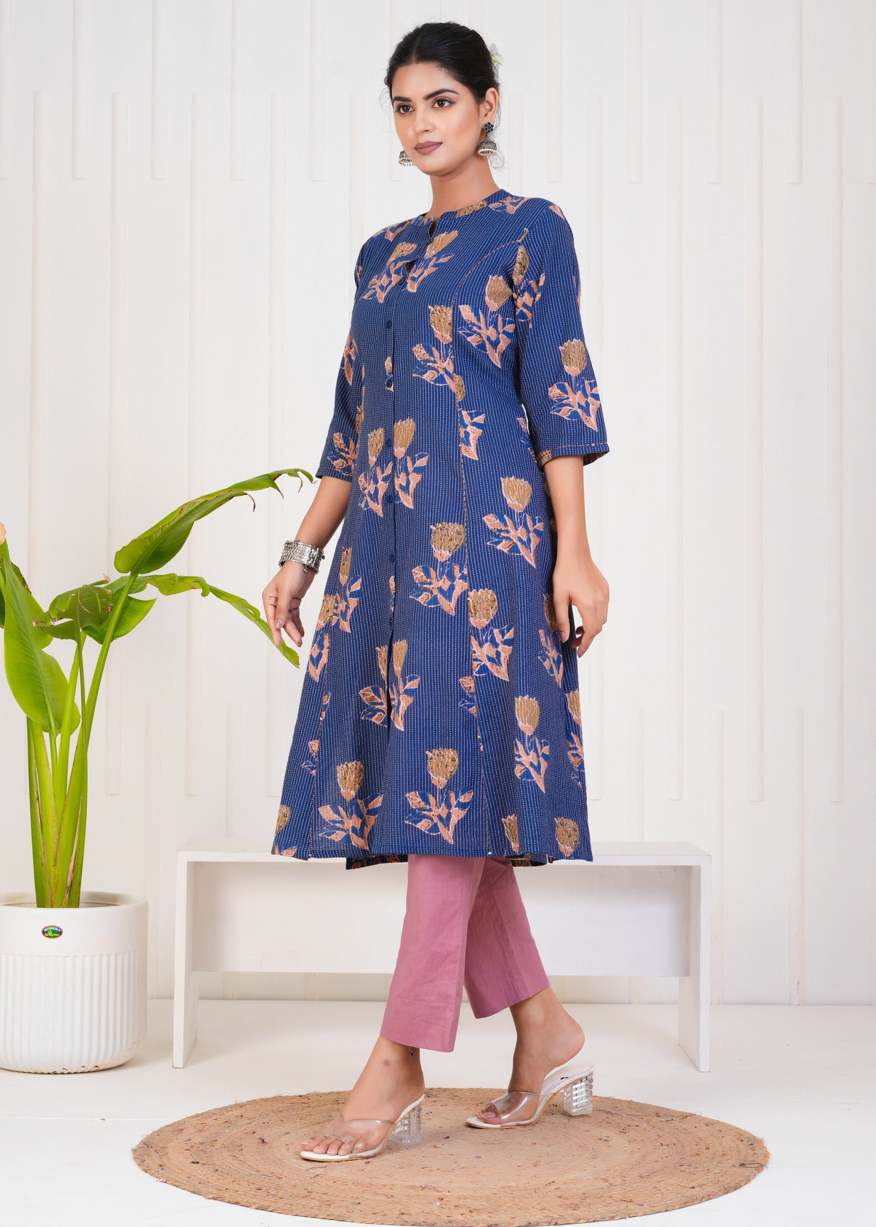 Blue With Floral Print Cotton Kurti