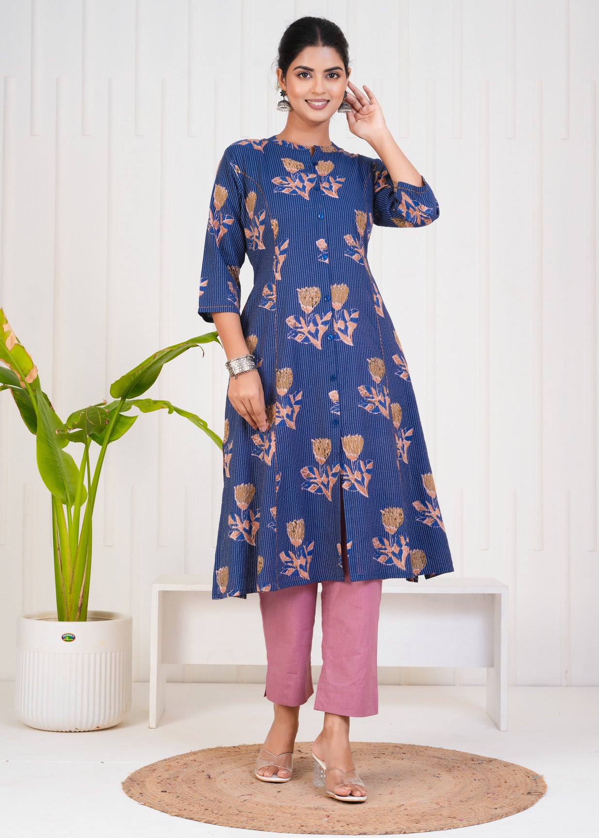 Blue With Floral Print Cotton Kurti