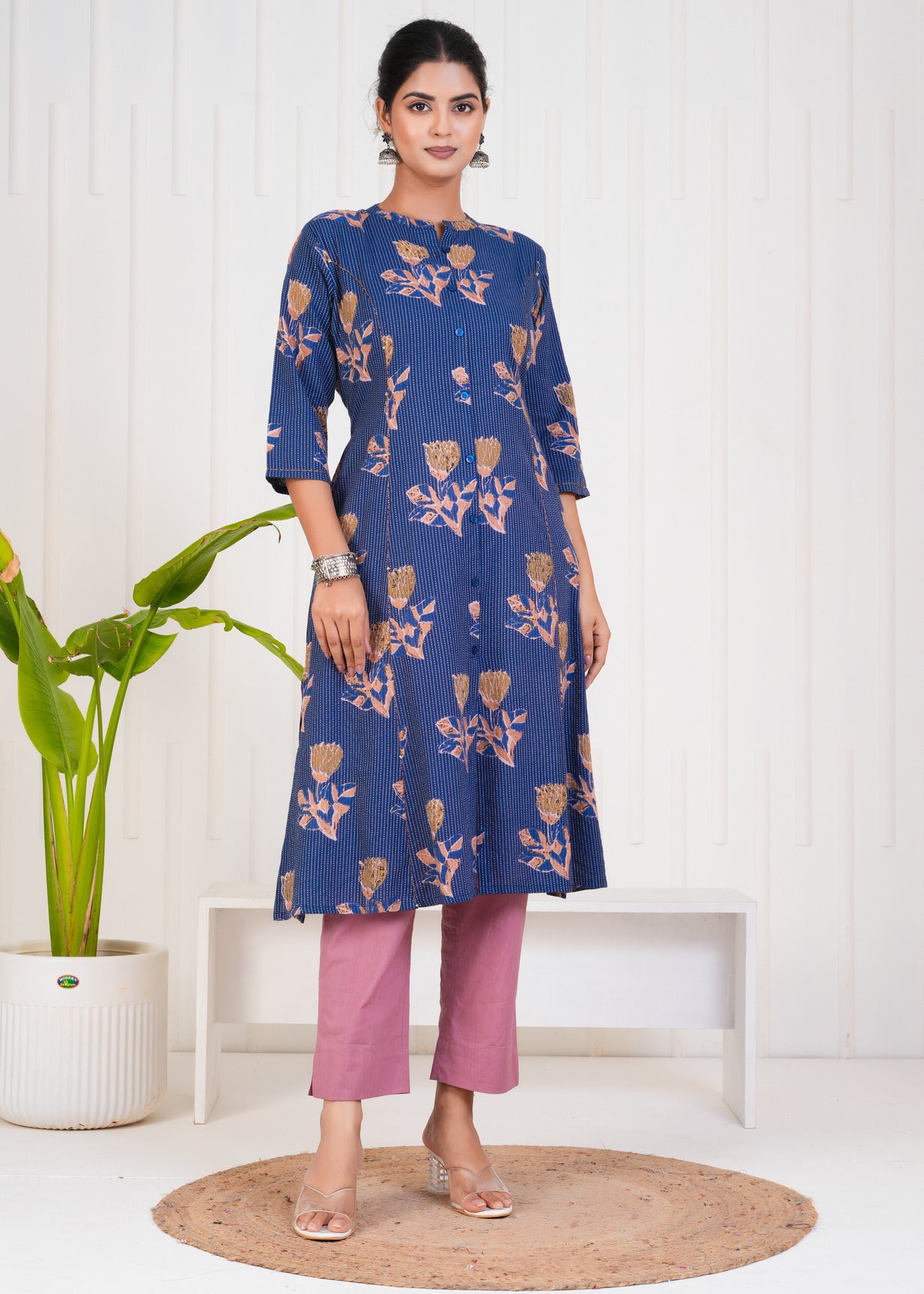 Blue With Floral Print Cotton Kurti