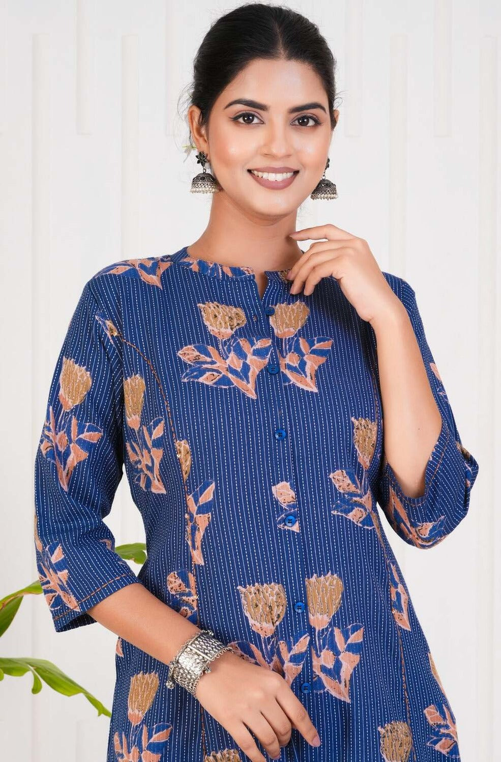 Blue With Floral Print Cotton Kurti