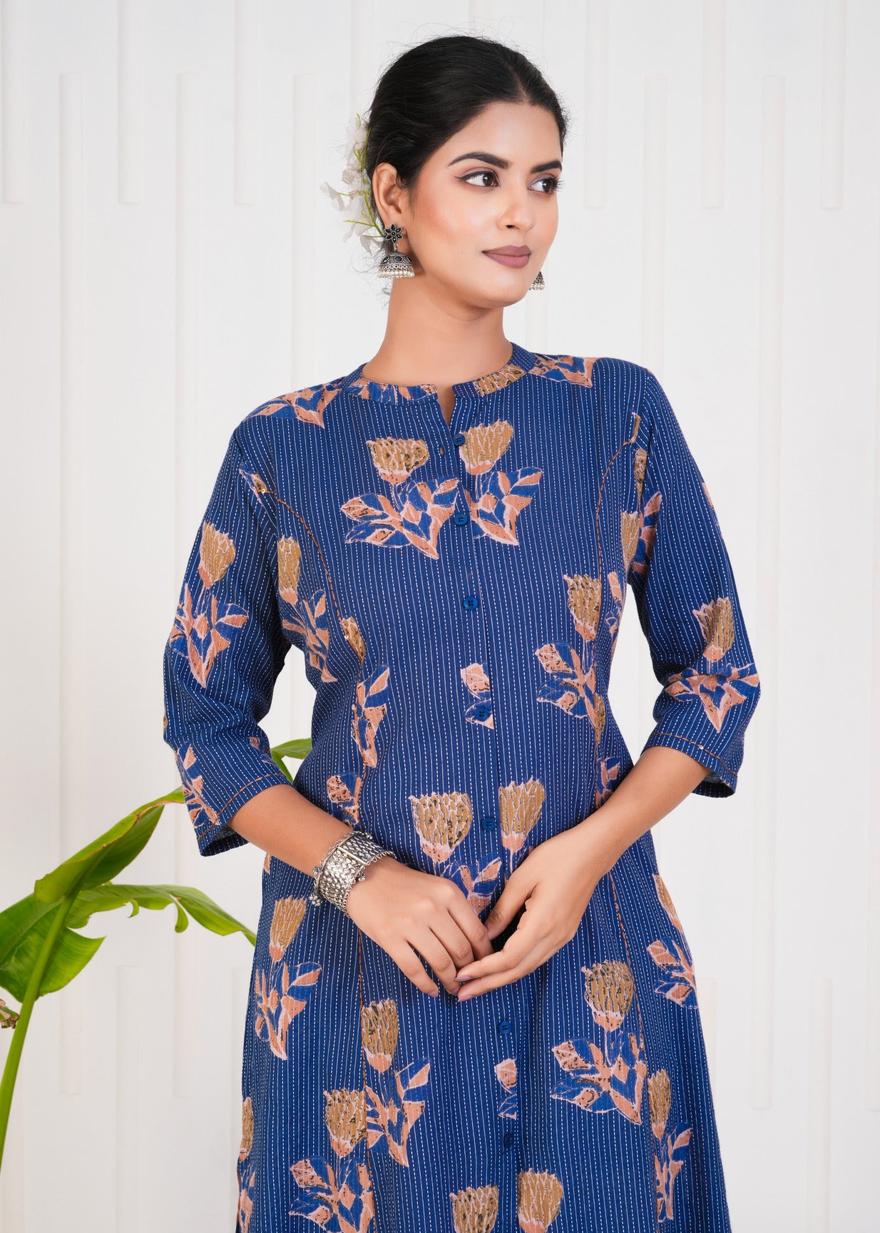 Blue With Floral Print Cotton Kurti