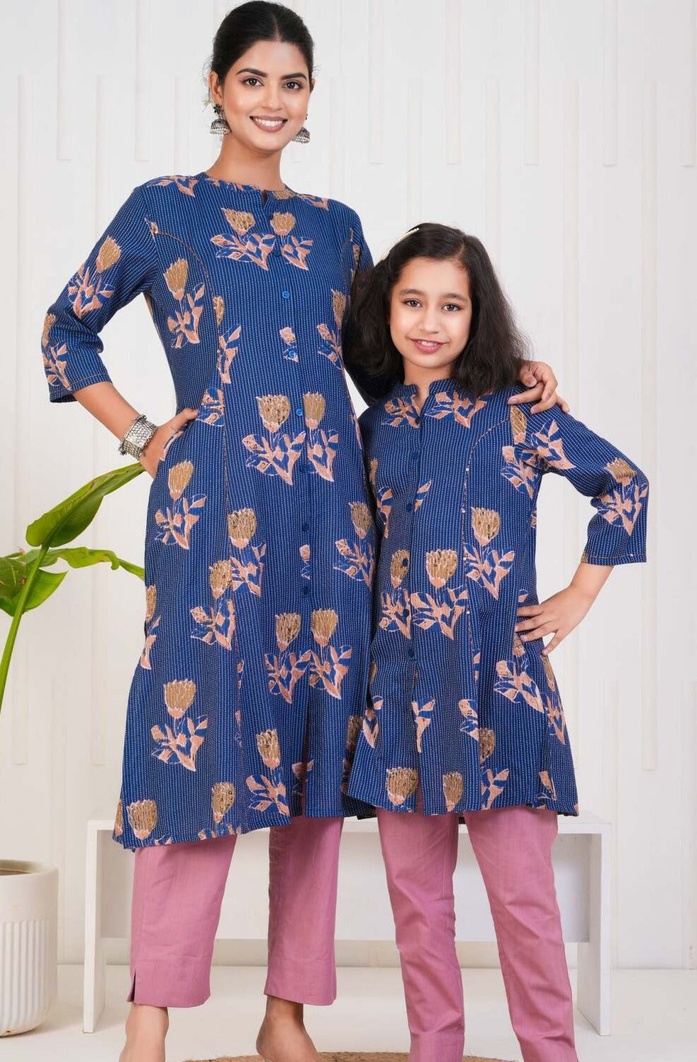 Blue With Floral Print Cotton Kurti