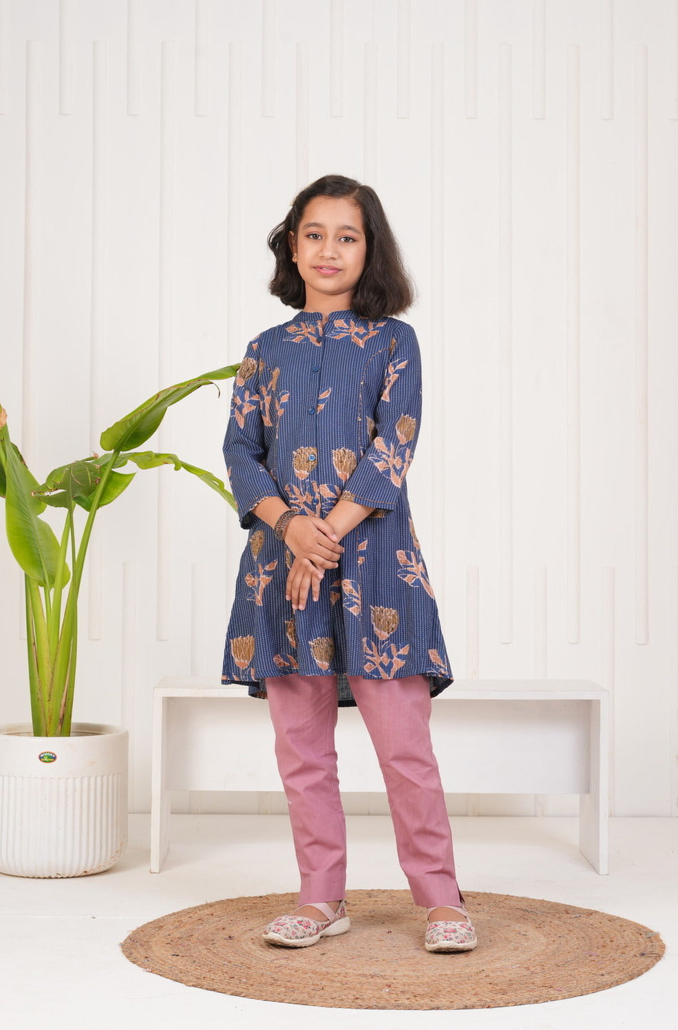 Blue With Floral Print Cotton Kurti