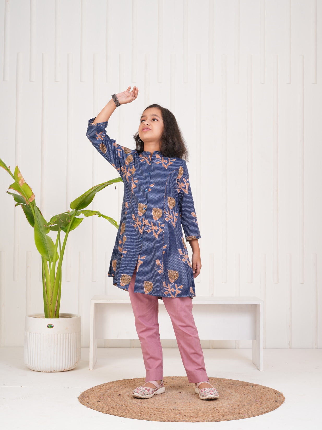 Blue With Floral Print Cotton Kurti