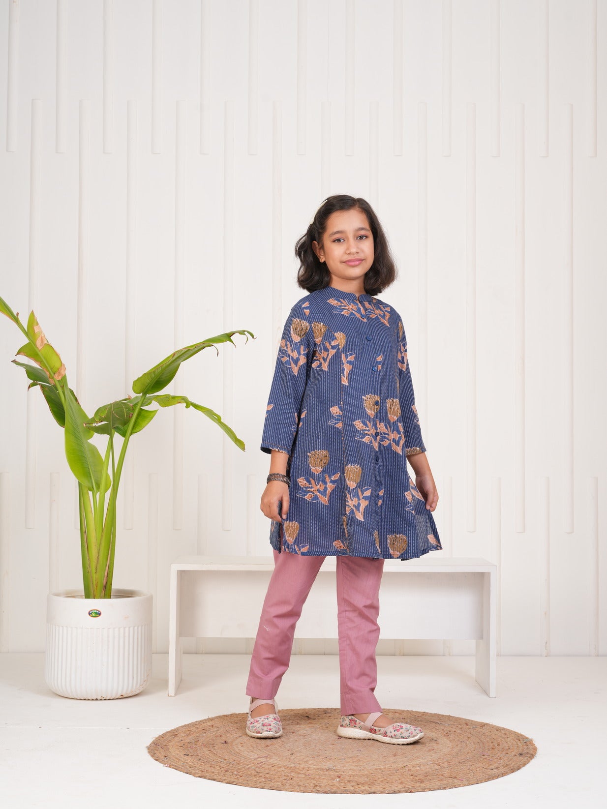 Blue With Floral Print Cotton Kurti