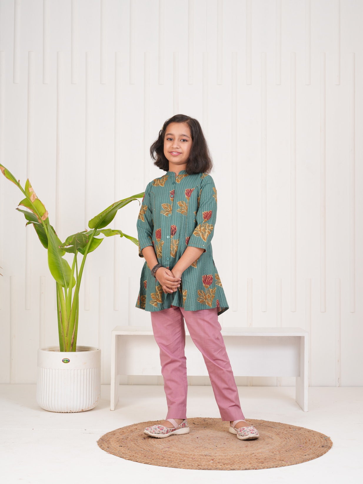 Green With Floral Print Cotton Kurti